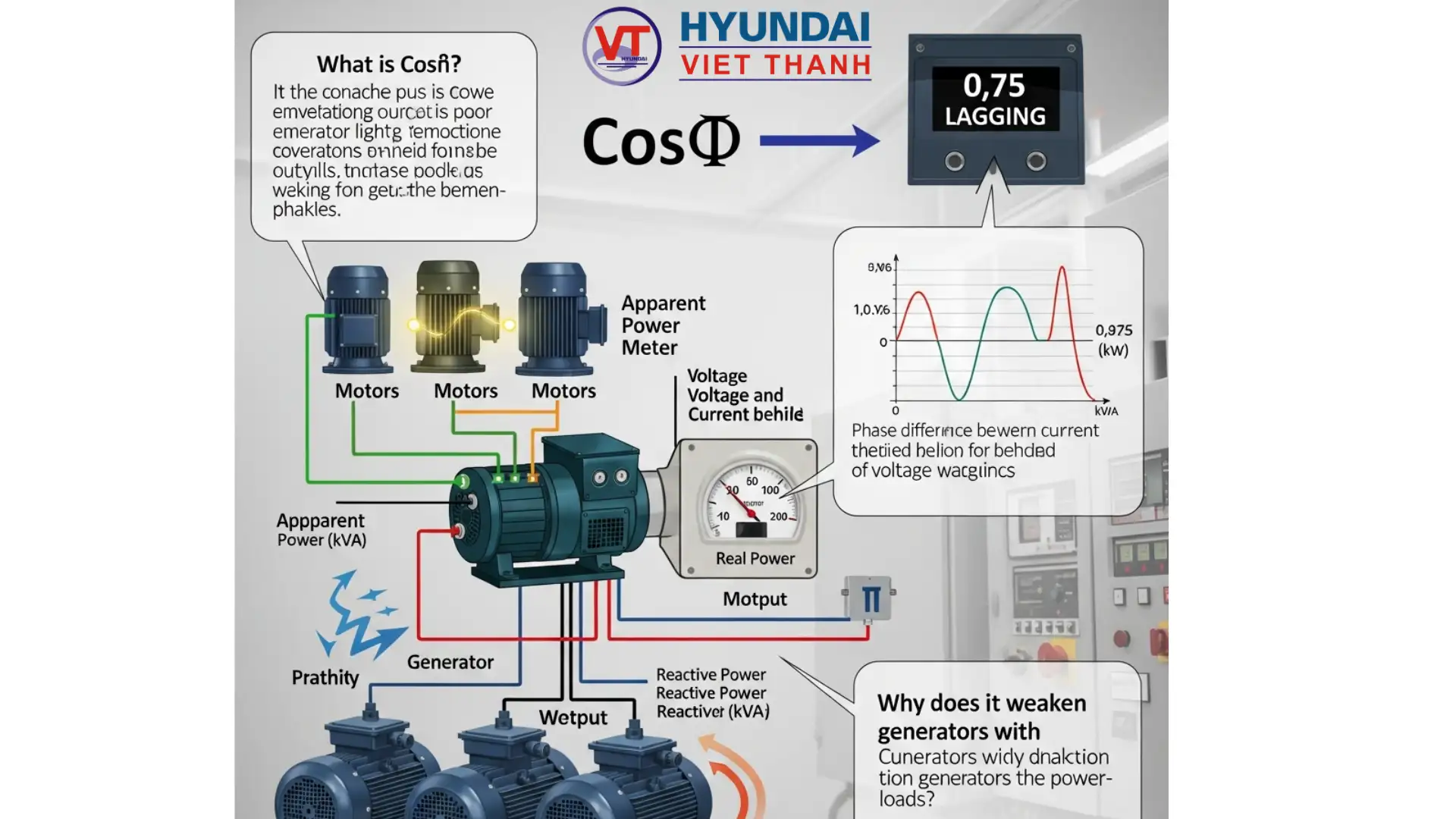 Cosφ là gì Vì sao máy phát điện chạy tải motor hay bị yếu