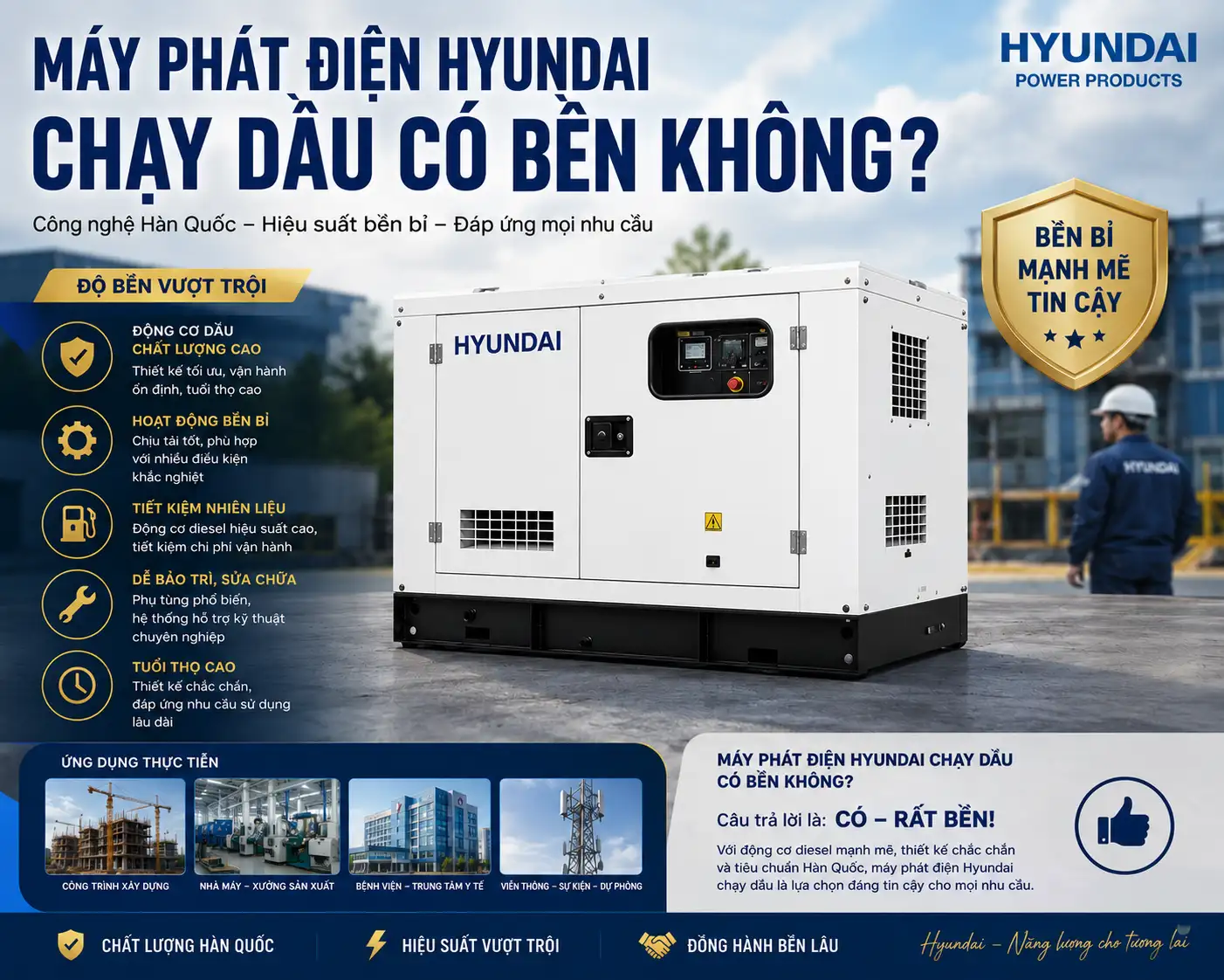 máy phát điện hyundai chạy dầu có bền không